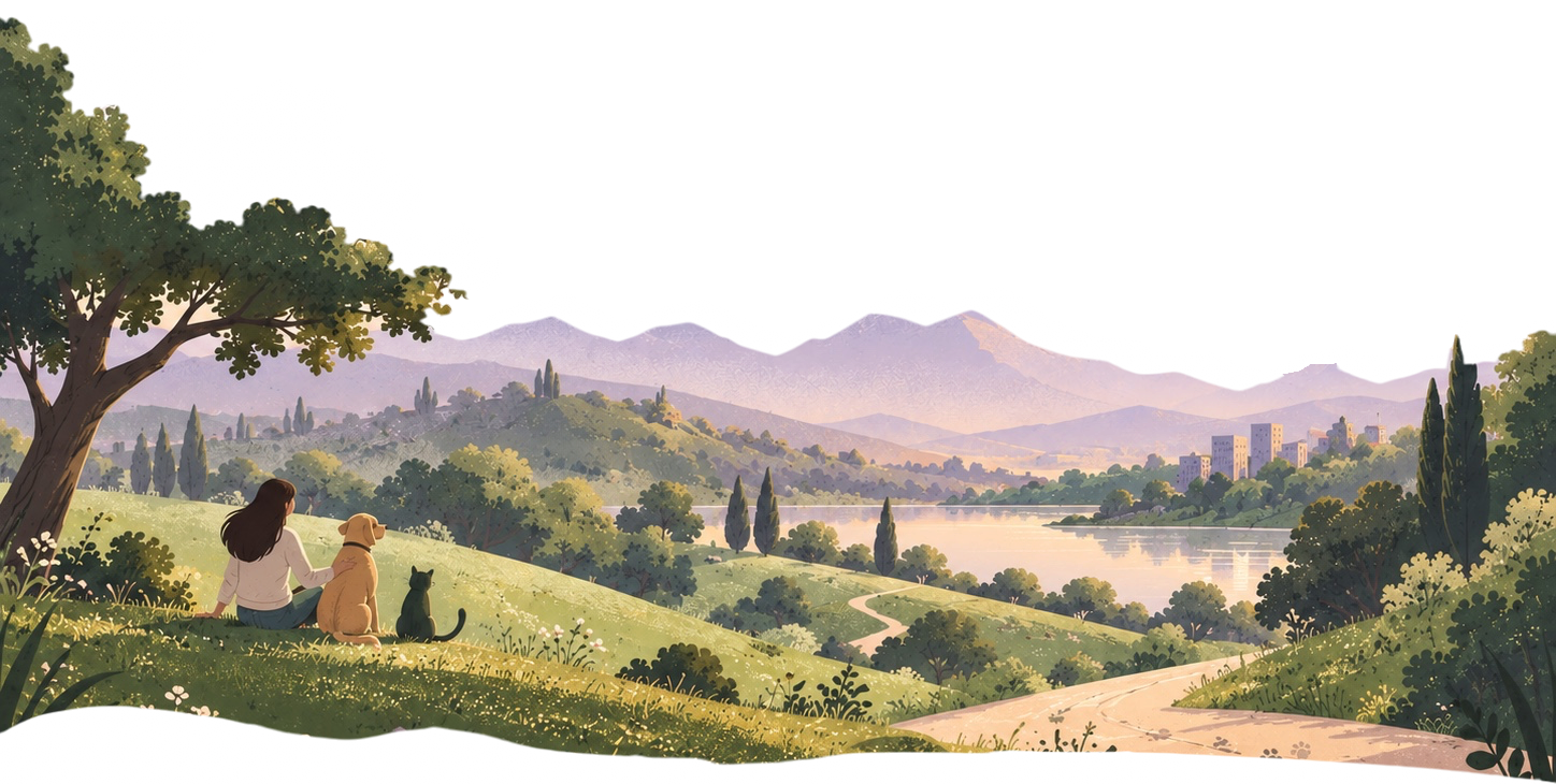 Ilustración de una persona sentada en el campo acompañada de su perro y su gato, frente a un lago y las montañas